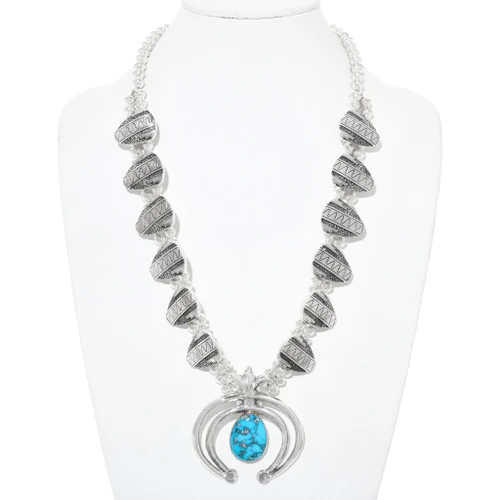 Sterling Silver Southwest Turquoise Squash Blossom Necklace 41678