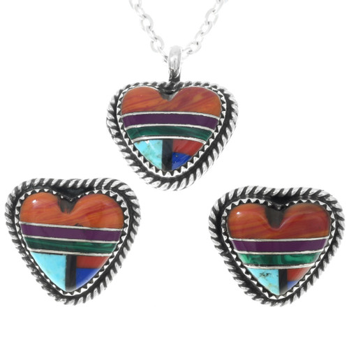 Navajo Inlaid Heart Pendant Earrings Set 41838