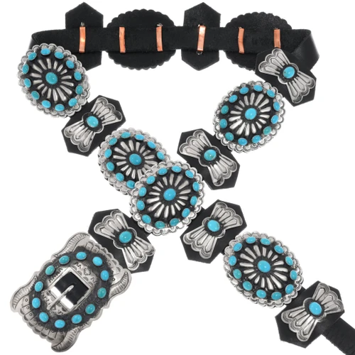 Navajo Antiqued Silver Turquoise Concho Belt 16832