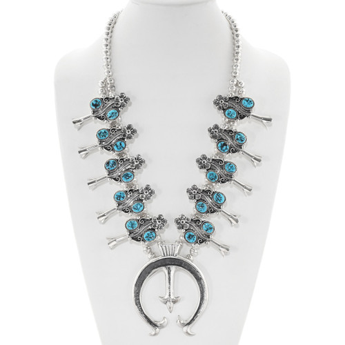 Kingman Turquoise Nature Inspired Double Stone Squash Blossom Necklace 0833