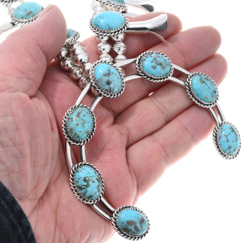 Turquoise Sterling Silver Navajo Squash Blossom Necklace 0159
