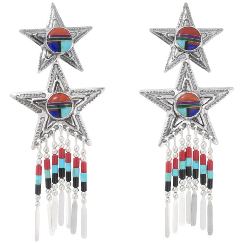 Double Star Native American Style Beaded Fringe Earrings 43152