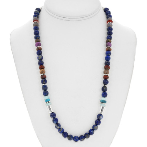 Turquoise Lapis Silver Barrel Bead Necklace 31054