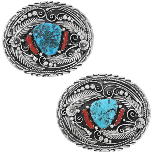 Sterling Navajo Design Turquoise Coral Fancy Belt Buckle 44426 display picture 1