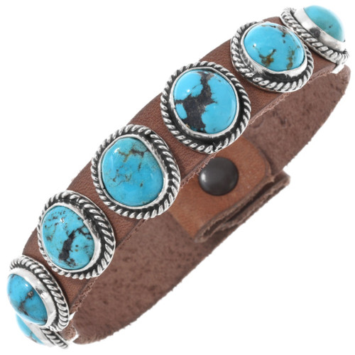 Navajo Sterling Silver Turquoise Leather Bracelet 44432