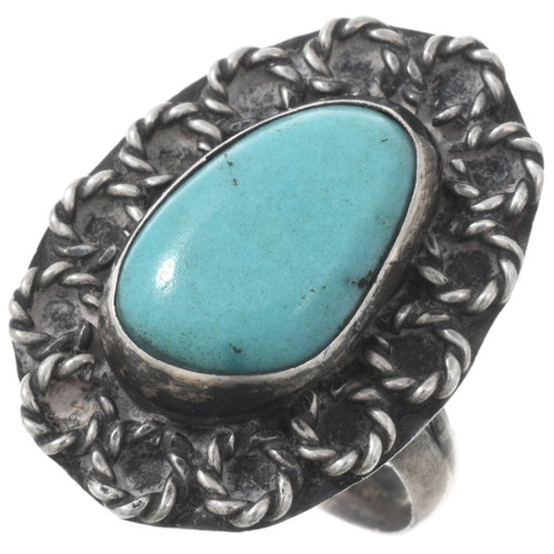 Vintage Floral Wire Turquoise Native American Sterling Silver Ring 1679
