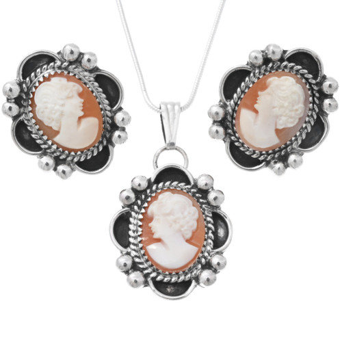 Carved Conch Shell Cameo Pendant Earrings Set 44646