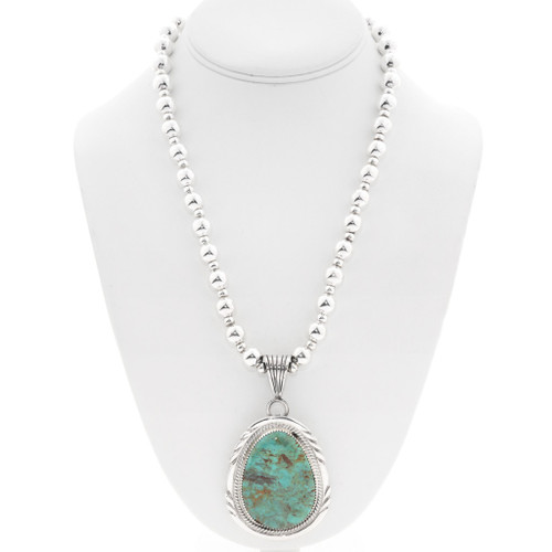 Genuine Kingman Turquoise Navajo Sterling Silver Pendant Necklace 44658