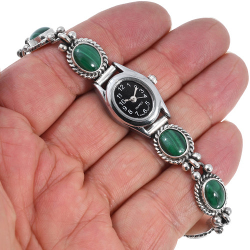 Silver Link Tennis Style Malachite Adjustable Watch Bracelet 44665