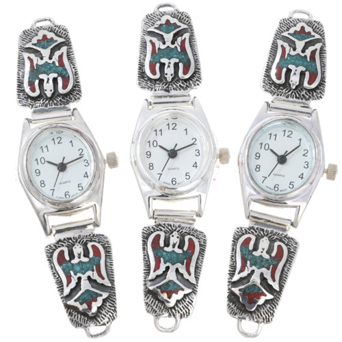 Navajo Turquoise Coral Silver Thunderbird Chip Inlay Ladies Watch