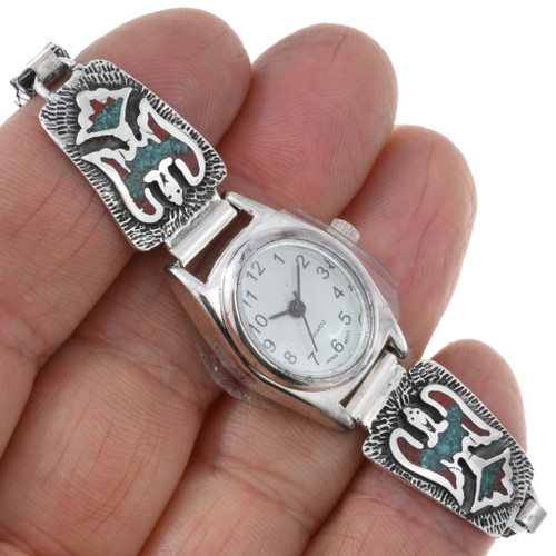 Navajo Turquoise Coral Silver Thunderbird Chip Inlay Ladies Watch