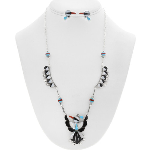 Zuni Inlaid Silver Thunderbird Necklace Set Post Earrings by