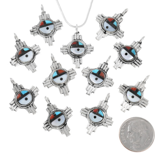 Inlaid Zia Sunface Silver Pendant With Chain 46167