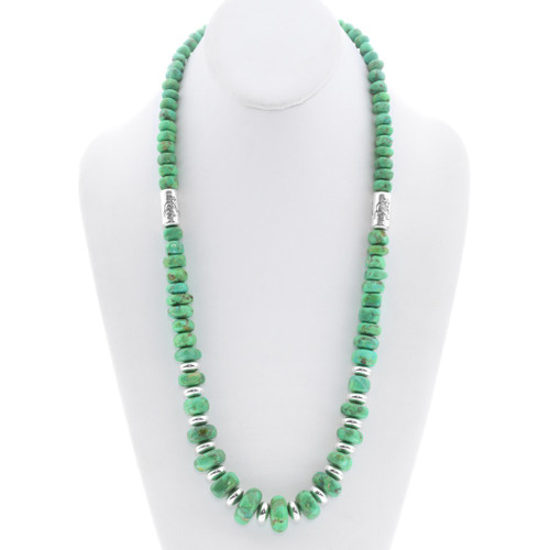 Southwest Green Turquoise Beaded Sterling Silver Kokopelli Necklace 46282