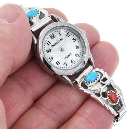 Navajo, Vintage Sleeping Beauty Turquoise Coral Onyx Sterling Silver Watch Tips Sterling Navajo Turquoise Coral Ladies Watch 46585 main image 3