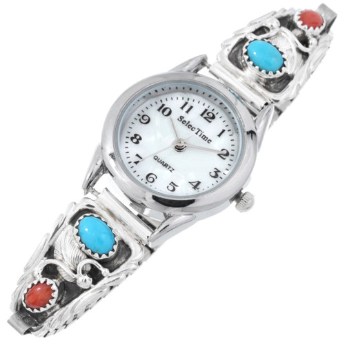 Navajo Ladies Watch Sleeping Beauty Turquoise Coral Sterling Silver 46585