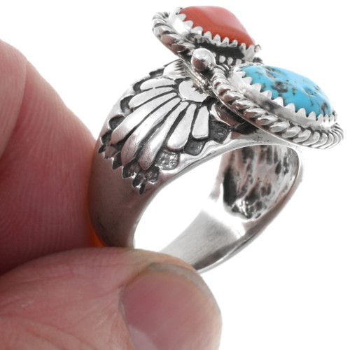 Navajo Traditional Sterling Turquoise Coral Ring Navajo by Keith