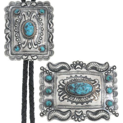 Ithaca Peak Turquoise Sterling Silver Navajo Concho Buckle Bolo Tie Set 0032