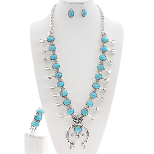 Ithaca Peak Turquoise Navajo Squash Blossom Necklace Set 46950