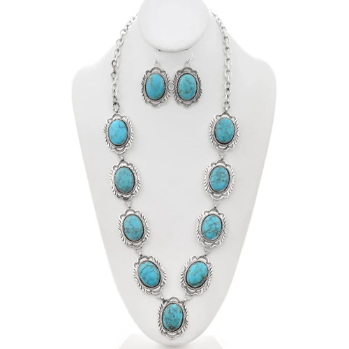 Southwest Sterling Silver Kingman Turquoise Necklace Earrings Set 46951