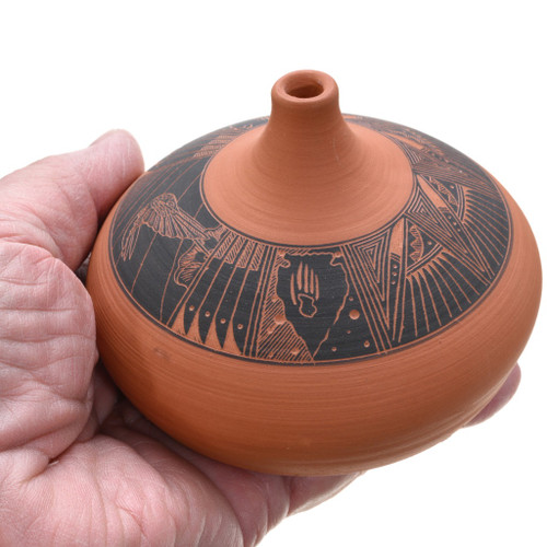 Fine Hand Etched Hummingbird Design Vintage Navajo Seed Pottery by