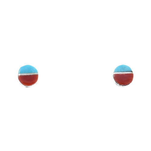 Petite Round Turquoise Coral Zuni Inlay Stud Earrings 0222