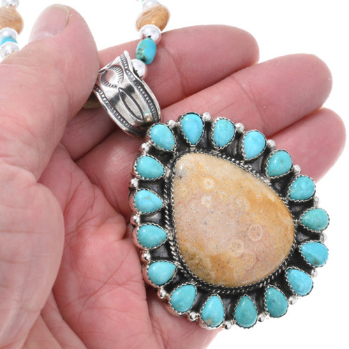 Fossil Coral Turquoise Sterling Silver Pendant Beaded Navajo