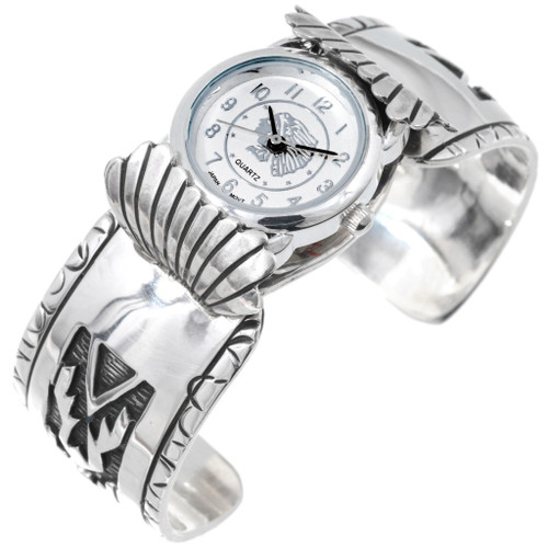 Sterling Silver Overlaid Ladies Watch Cuff Navajo Rug Pattern by Tom Ahasteen 0521