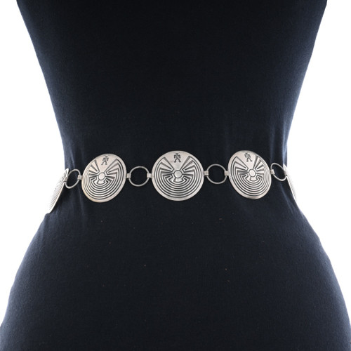 Vintage Navajo Man in the Maze Sterling Silver Concho Belt Navajo Kokopelli Man In Maze Silver Overlay Belt Buckle  main image 4