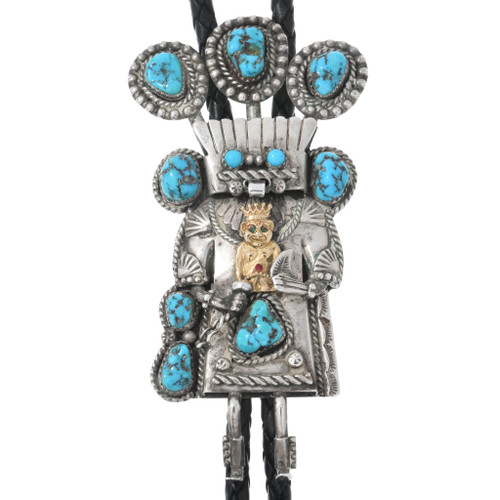 Vintage Zuni Sterling Silver Turquoise Kachina Bolo Tie 47444
