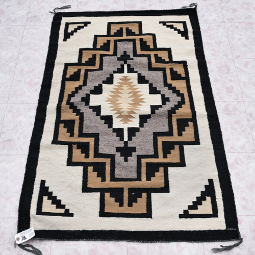1960s Hand Carded Wool Two Grey Hills Navajo Woven Rug with Spirit Line 4.7 ft by 3 ft 0182