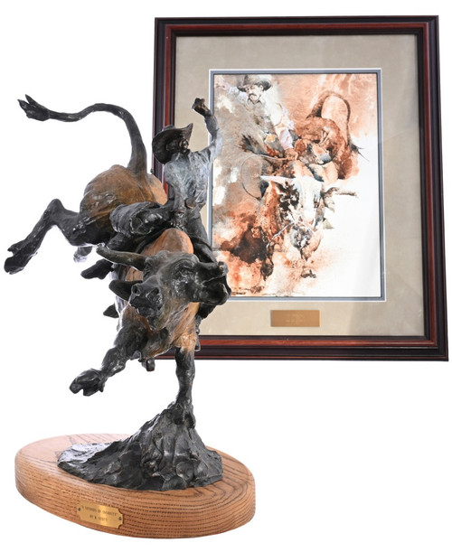Eight Seconds of Insanity Bronze Statue and Framed Watercolor Painting Collectible Set 47876