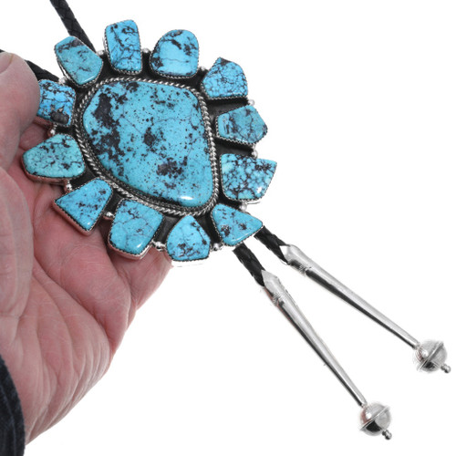 Turquoise Sonoran Gold Sterling Cluster Navajo Large Bolo Tie by