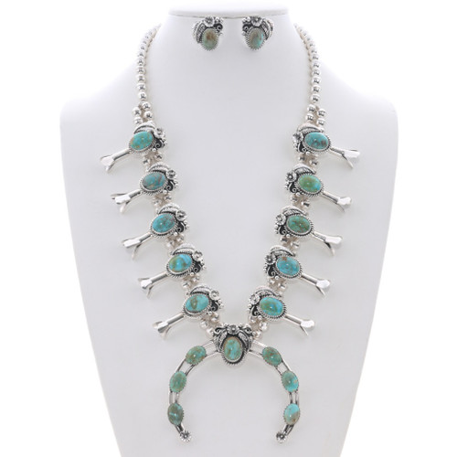 Turquoise Sterling Navajo Squash Blossom Necklace Earring Set 47936