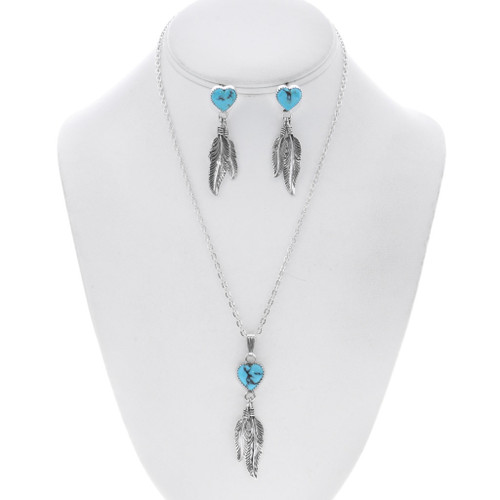 Sterling Silver Heart and Feathers Sleeping Beauty Turquoise Pendant Set 47954