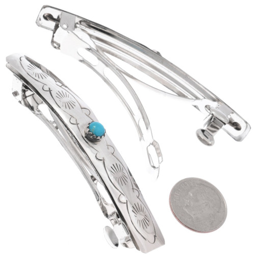 Sterling Handmade Navajo Turquoise Silver Barrette Set of  display picture 3