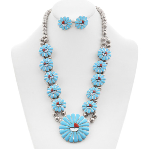Old Pawn Sterling Silver Inlaid Sunface Turquoise Squash Blossom Necklace 48240