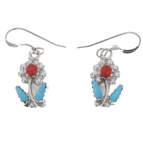 Sterling Silver Red Coral Turquoise Zuni Flower Earrings 48269