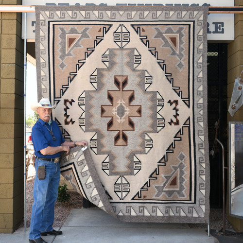 Large Vintage Hand Woven Two Grey Hills Wool Navajo Rug by Shirley