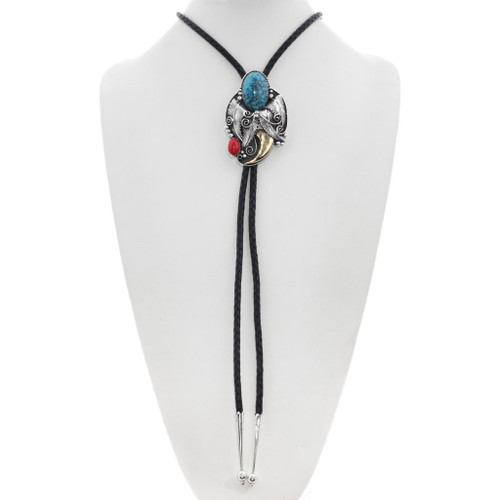 Southwest Gold Bear Claw Turquoise Coral Sterling Silver Bolo Tie