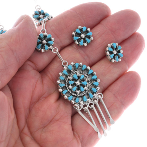 Zuni Turquoise Necklace Cluster Sterling Silver Earring Set by