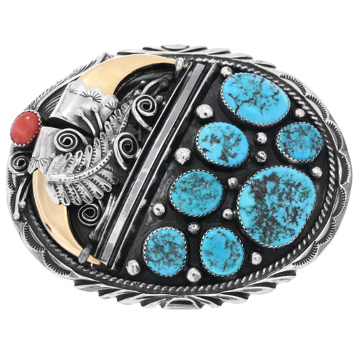 Navajo Sterling Silver Coral Turquoise Gold Bear Claw Belt Buckle 48481