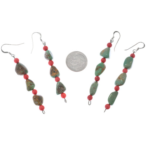 Vintage Green Turquoise Red Coral Beaded Dangle Earrings 45459