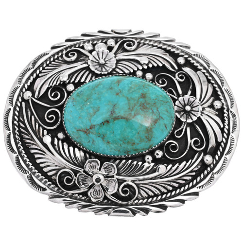 Turquoise Sterling Belt Buckle Number Eight Floral Silver Detail by Garrison Boyd 0633