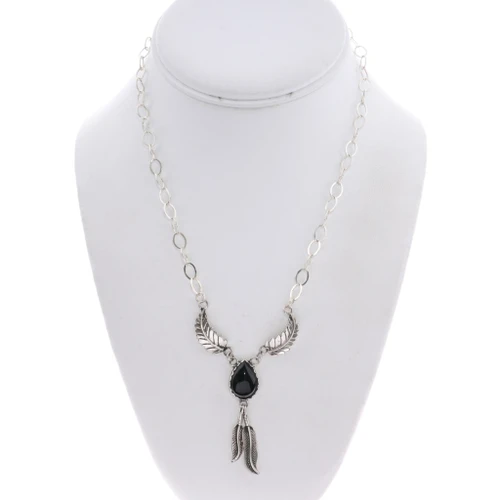 Sterling Silver Black Onyx Navajo Feather Necklace 45565