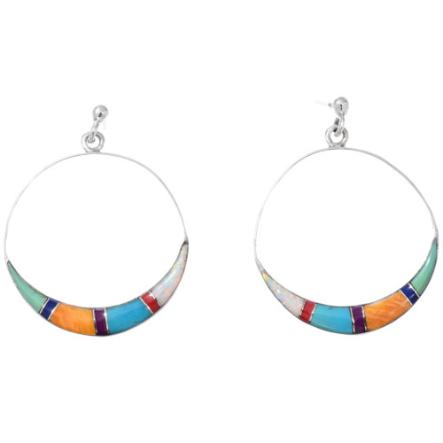 Multi Stone Inlay Sterling Silver Hoop Earrings 48589