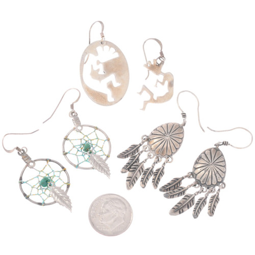 Sterling Silver Southwest Dreamcatcher Feather Concho Kokopelli Earrings 45686