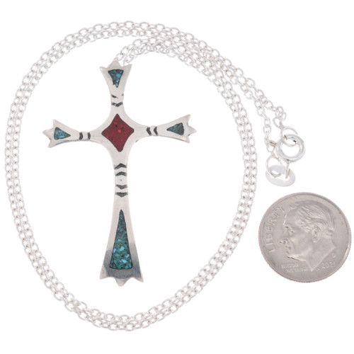 Sterling Silver Cross Pendant with Turquoise and Coral Chip Inlay 45749