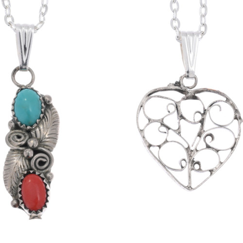 Sterling Turquoise Coral Pendant Set Bonus Filigree Heart Closeout Set 45790