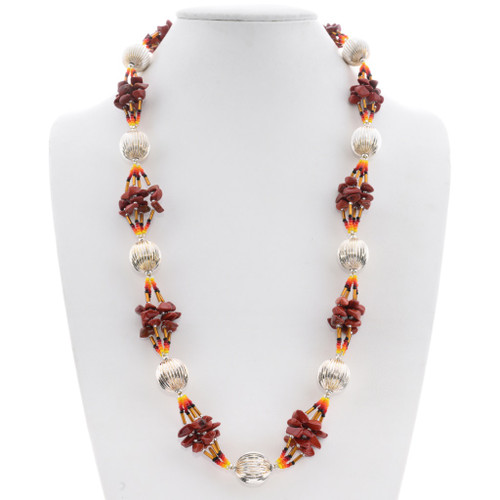 Silver Red Jasper Nugget Beaded Native American Necklace 48724